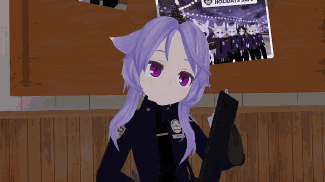 a girl with purple hair is holding a piece of paper in front of a poster that says holidays