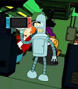 bender from futurama is holding a nintendo switch in his hands .