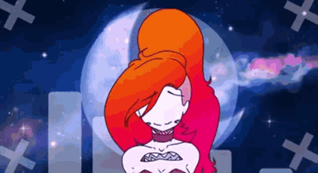 a cartoon drawing of a woman with red hair and a choker around her neck