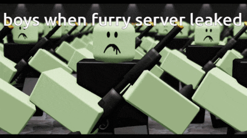 a bunch of green blocks with sad faces and the words " boys when furry server leaked " on the bottom