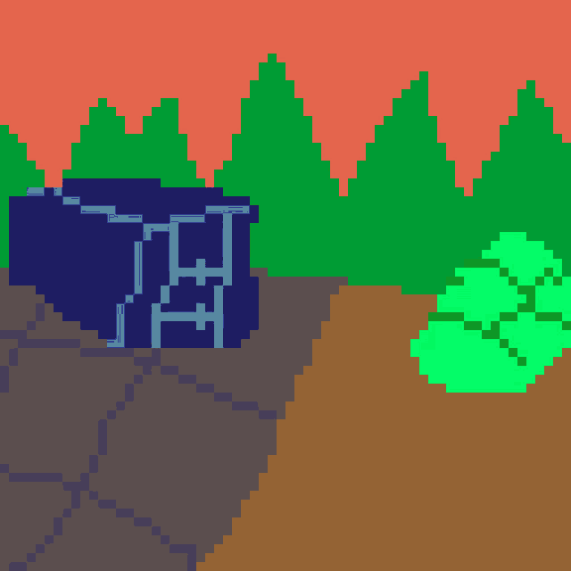 a pixel art drawing of a blue box in a forest