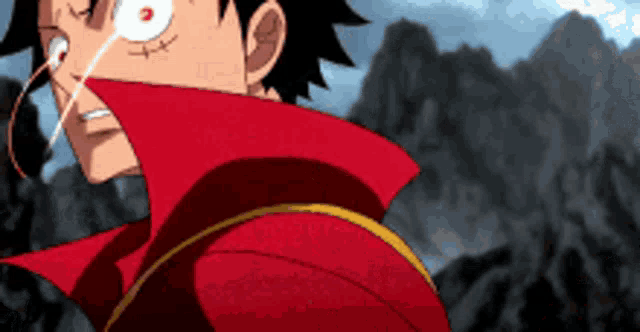 a cartoon character with a red collar is standing in front of mountains