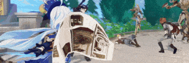 a video game character is holding a newspaper in his hand while another character is laying on the ground