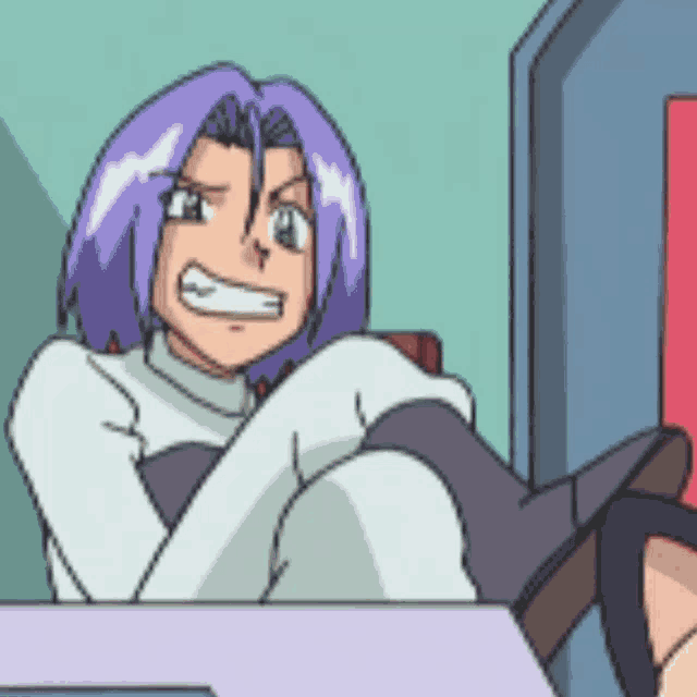 a cartoon character with purple hair is sitting with his feet up