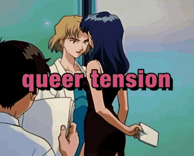 a cartoon of two women standing next to each other with the words queer tension written on the bottom