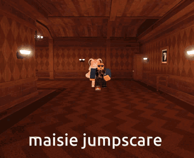 a cartoon character wearing sunglasses with the words maisie jumpscare below it