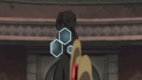 a girl with a ponytail is standing in front of a hexagon shaped object