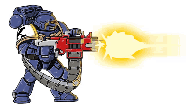a cartoon drawing of a space marine holding a gun with the letter f on his chest