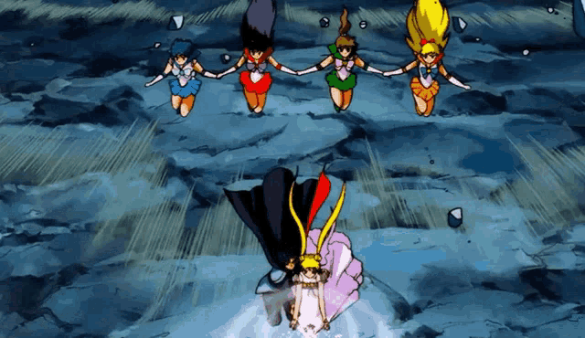 a group of cartoon characters are holding hands in the water