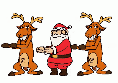 a cartoon of santa claus and two reindeer dancing