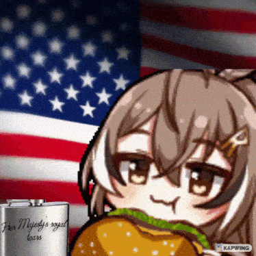 a girl is eating a hamburger in front of an american flag and a flask that says her majesty 's royal tears