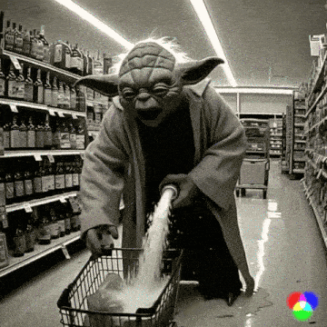 a black and white photo of yoda pouring milk into a shopping cart