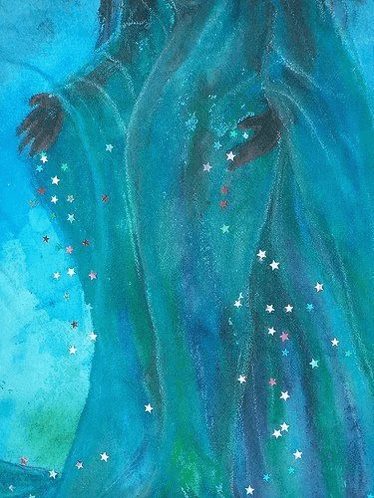 a painting of a woman in a blue robe with stars coming out of it .
