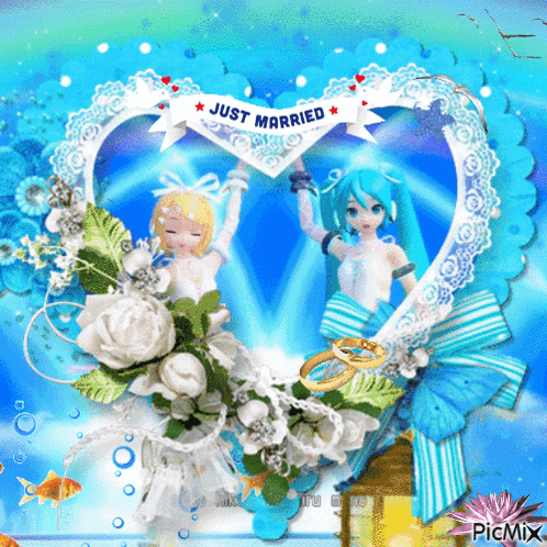 a picture of two anime girls holding hands with a just married banner above them