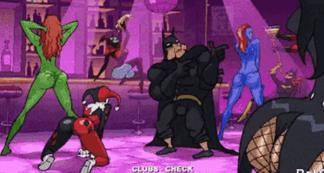 a cartoon shows batman harley quinn and poison ivy dancing