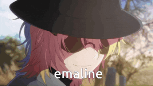 a girl with pink hair wearing sunglasses and a hat with the word emaline above her head
