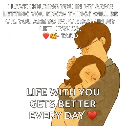 a man is holding a woman in his arms with a quote that says life with you gets better every day .