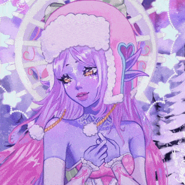 a drawing of a girl with pink hair and purple skin
