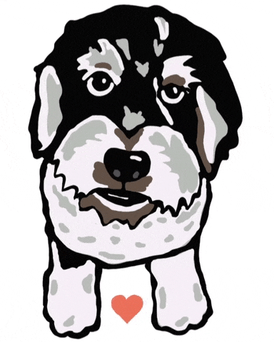 a drawing of a black and white dog with a red heart underneath it