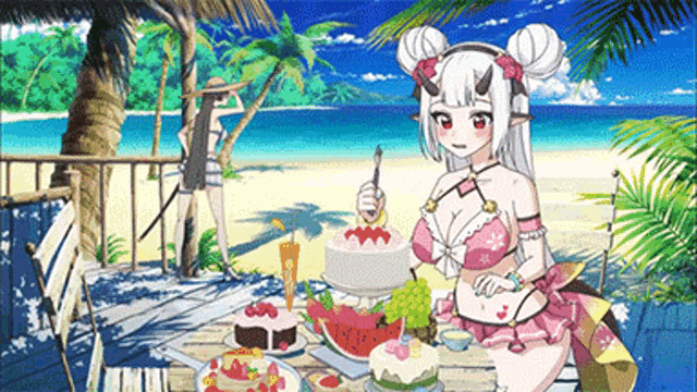 a girl in a bikini is sitting at a table with a cake and watermelon