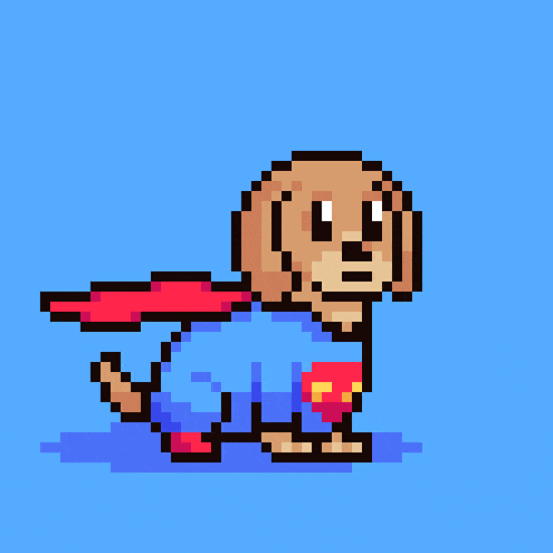 a pixel art drawing of a dog wearing a superman costume