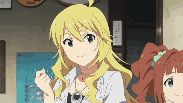 a blonde anime girl with a fist in the air