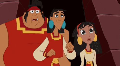 three cartoon characters standing next to each other in a cave