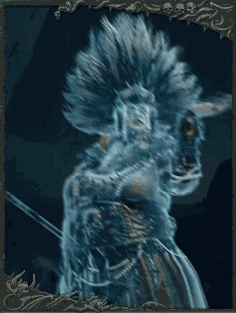 a painting of a person with a feathered head and a sword