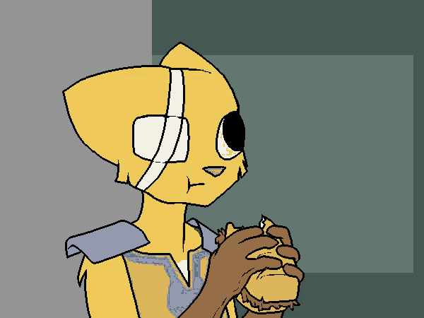 a cartoon drawing of a cat with a bandage on his eye eating a hamburger