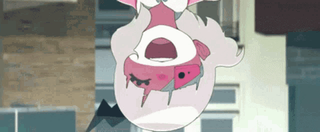 a cartoon character is hanging upside down from a ceiling with a watermelon in his mouth .