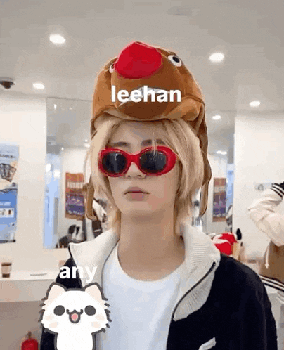 a person wearing a stuffed animal hat and sunglasses with the name leehan on it .