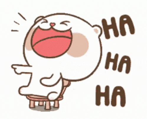 a cartoon of a bear sitting on a stool laughing and saying ha ha ha .