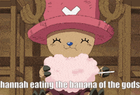 a cartoon character eating cotton candy with the words hannah eating the banana of the gods below it