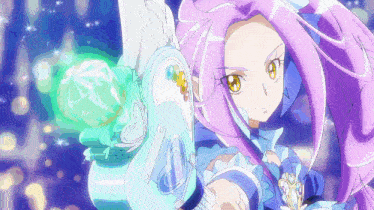 a girl with purple hair is holding a blue object in her hand