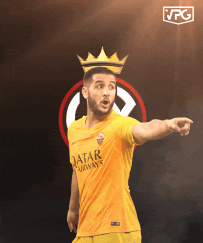 a soccer player with a crown on his head is wearing a qatar airways jersey