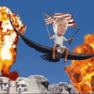 a cartoon of donald trump riding an eagle with an american flag