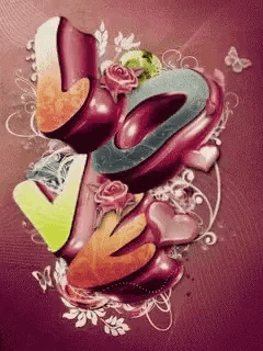 a colorful collage of hearts and flowers with the letter v in the middle