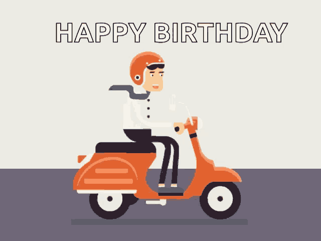 a man riding a scooter with the words happy birthday written below him