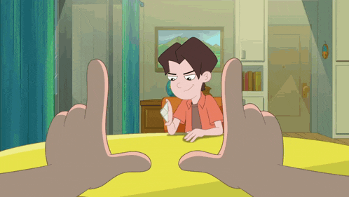 a cartoon of a boy sitting at a table with his hands behind him