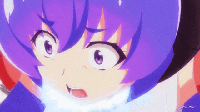a close up of a purple haired anime character with the word shin on the bottom left