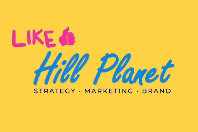 a yellow background with blue writing that says like hill planet strategy marketing brand