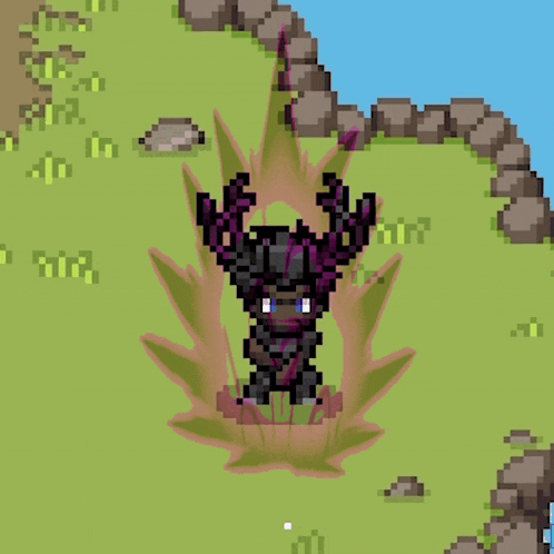 a pixel art drawing of a purple monster surrounded by rocks