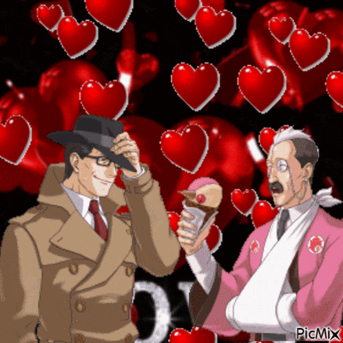 two men are standing next to each other with hearts in the background and the word picmix at the bottom right