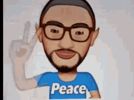 a cartoon of a man with glasses and a peace sign .