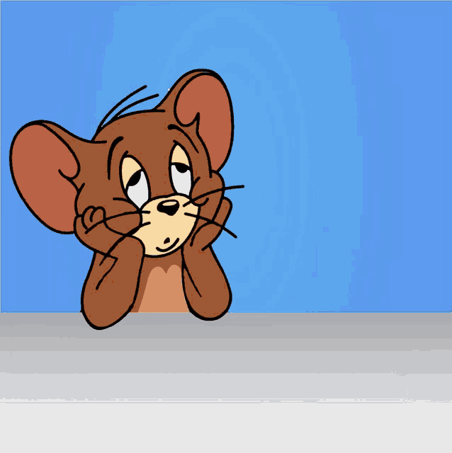 a cartoon mouse with a blue background is looking at something