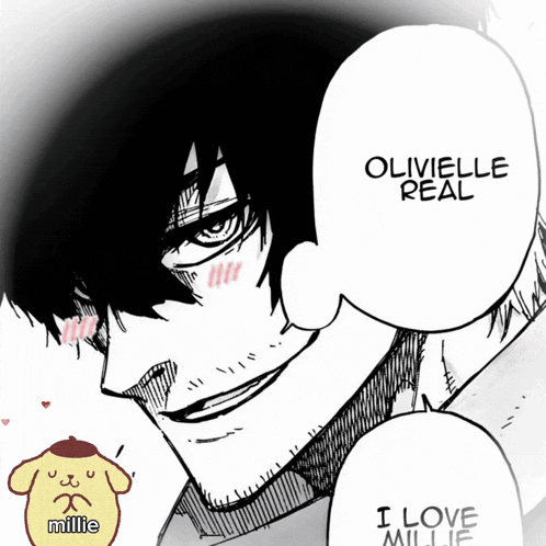 a black and white drawing of a man with a speech bubble that says " olivielle real "