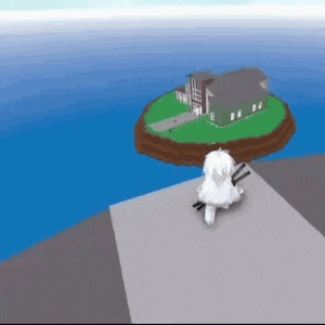 a person is standing on a platform in front of a small island with a house on it .