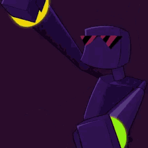 a cartoon drawing of a purple robot with a neon green beard
