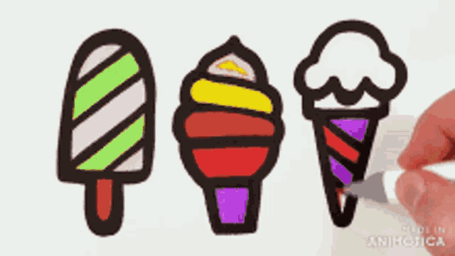 a person is drawing three different ice cream cones