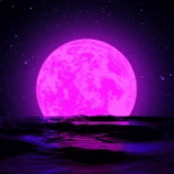 a purple moon is rising over the ocean at night .